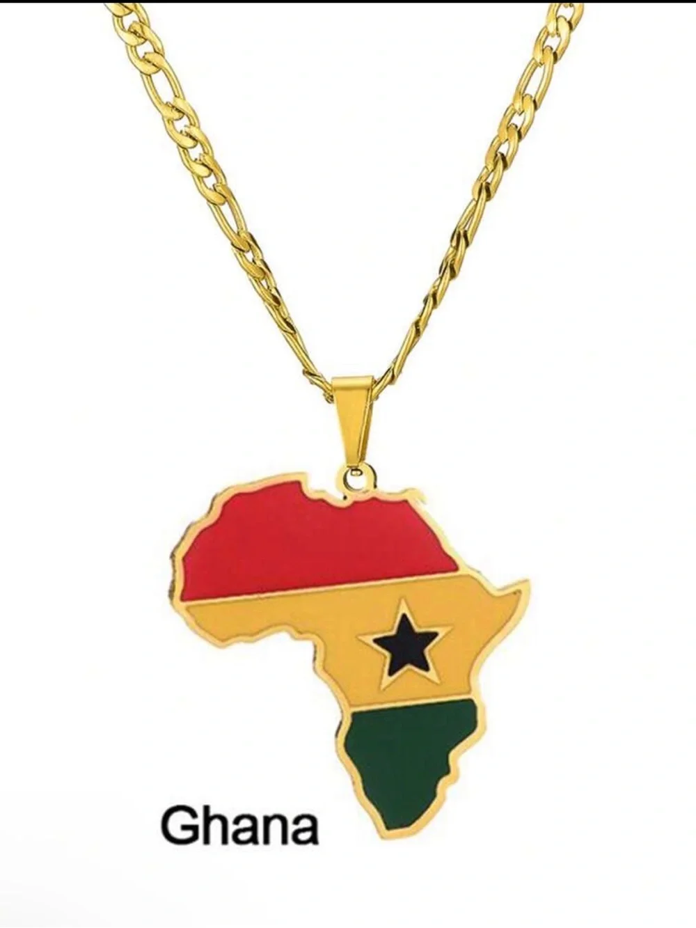 Gold Africa Map Pendant Necklace with Red, Yellow & Green Inlay